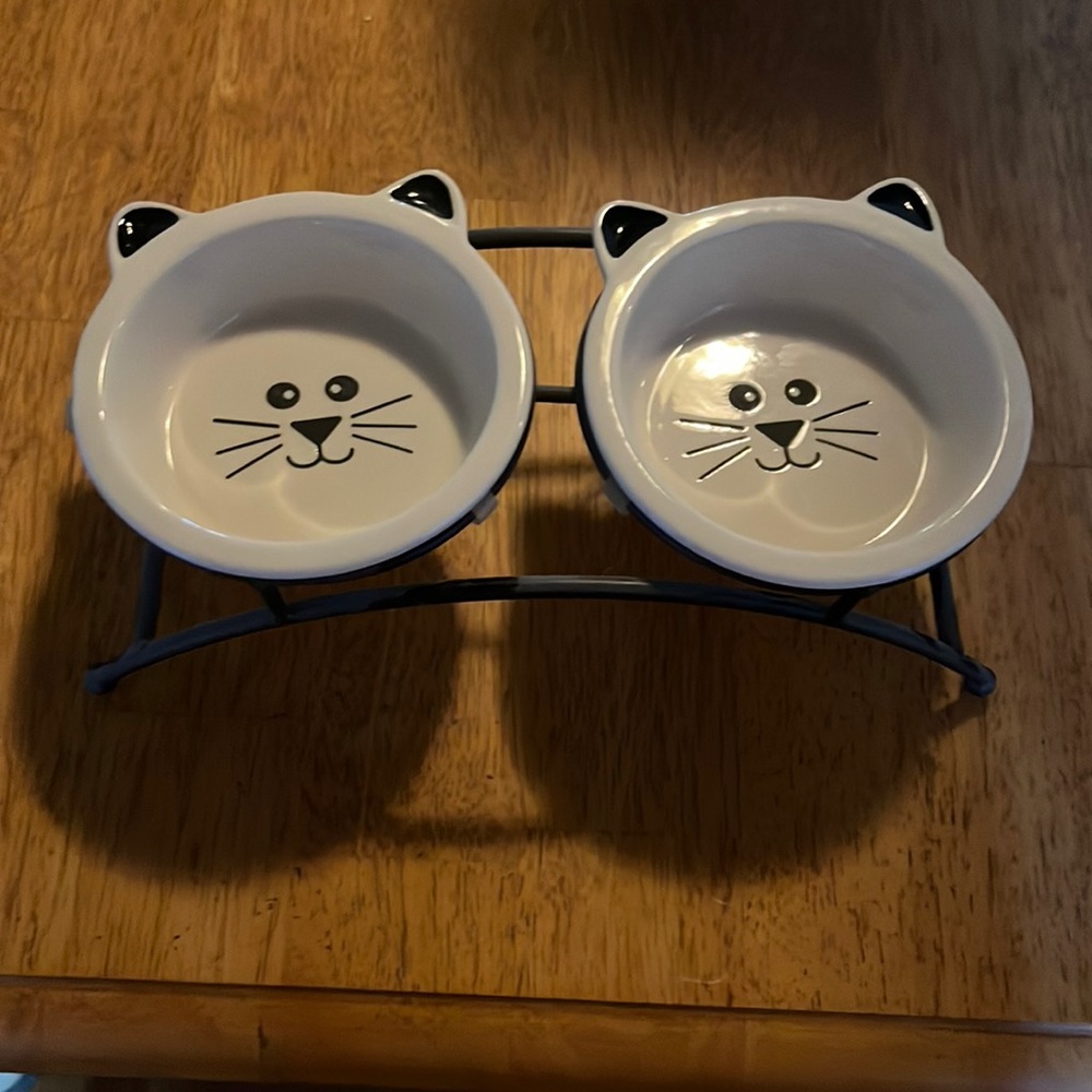 Adorable kitty raised ceramic bowls with iron stand.